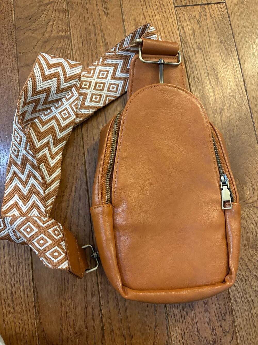 Vegan Faux Leather Sling Crossbody Bag with Geometric Pattern Strap